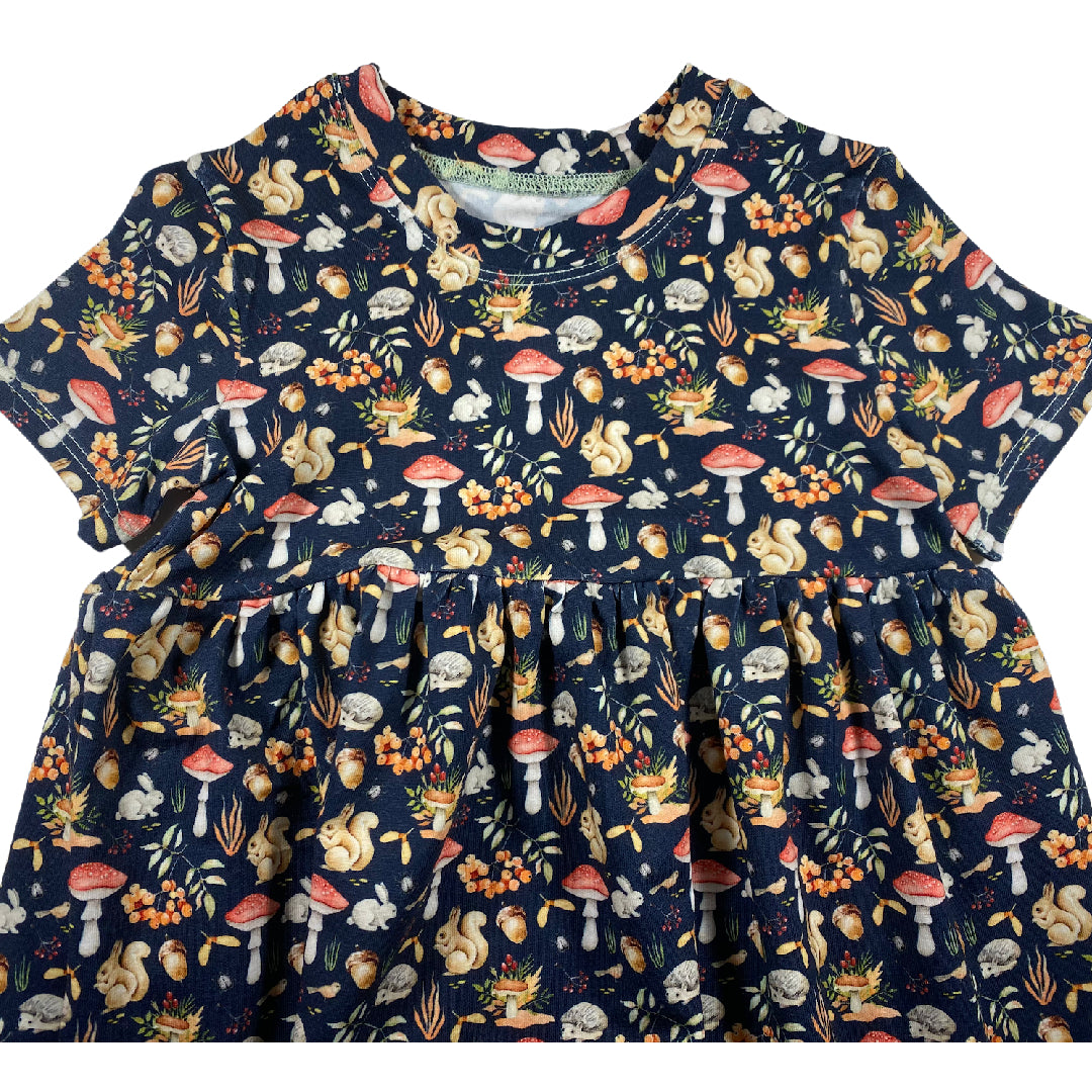 Woodlands Print with Toadstools and Squirrels Gathered Short Sleeve Play Date Dress Stretch Knit
