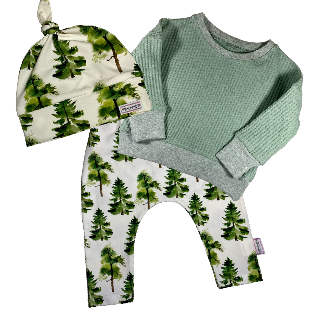 Forest Trees Cuffless Harem Pants & Matching Top Knot Hat Organic Cotton