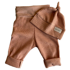 Rosewood Pink Waffle Knit Grow Along Lounge Pants with Topknot Hat