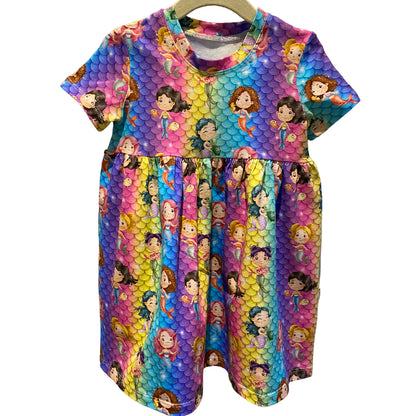 Rainbow Mermaid Print Gathered Short Sleeve Play Date Dress Stretch Knit