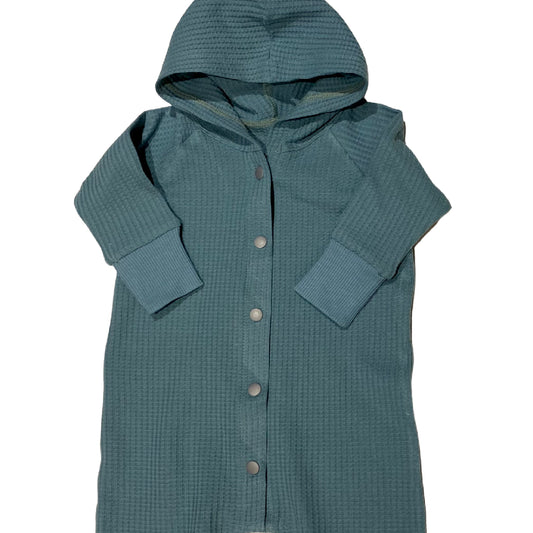 Combishort bleu/vert en tricot gaufré, capuche, boutons-pression sur le devant, manches longues raglan, barboteuse une pièce