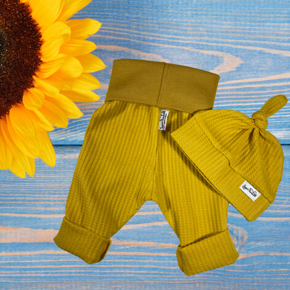 Mustard Yellow Waffle Knit Grow Along® Infant Lounge Pants with Top Knot Hat