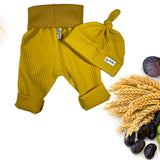 Mustard Yellow Waffle Knit Grow Along® Infant Lounge Pants with Top Knot Hat