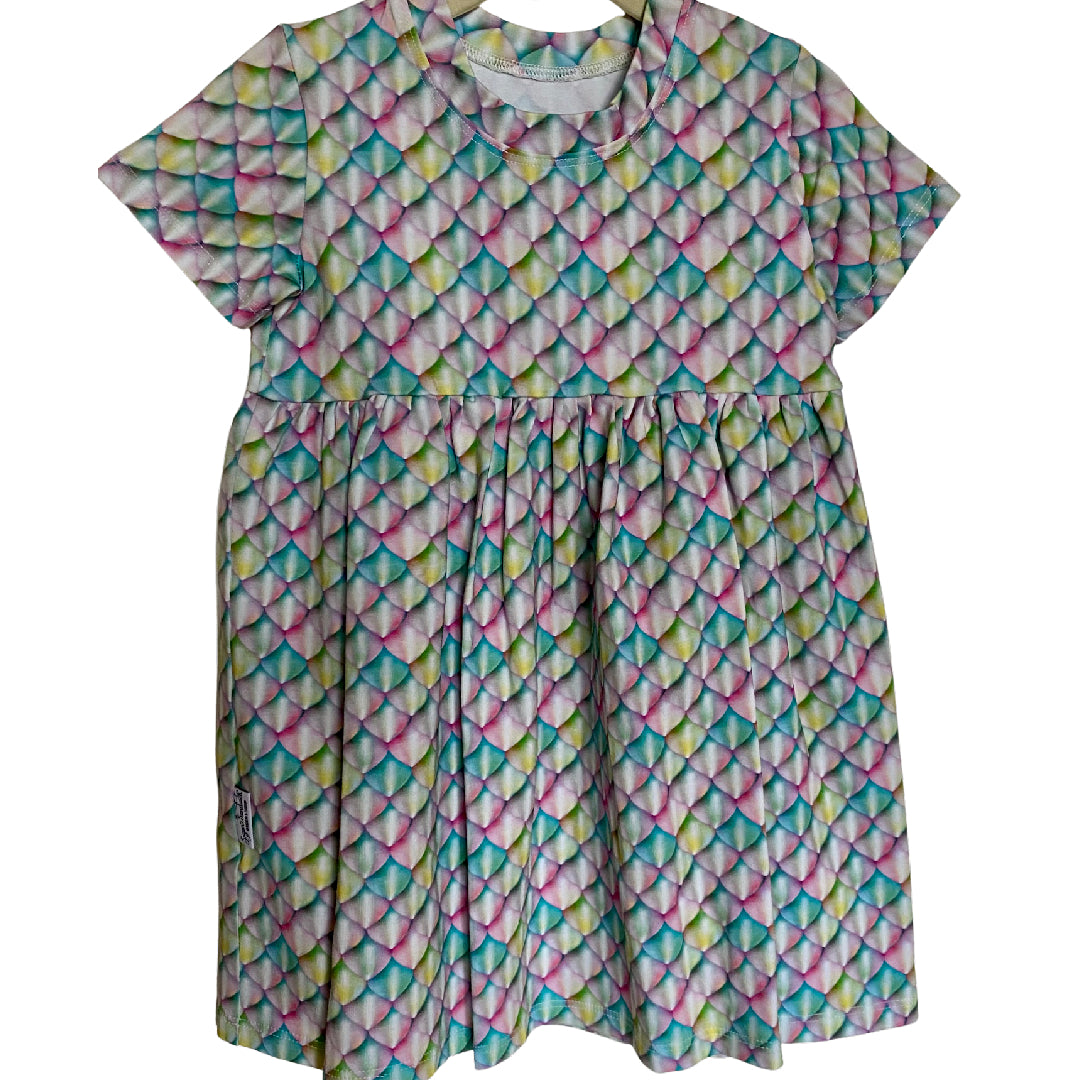 Mermaid Scales Pastel Rainbow Print Gathered Short Sleeve Play Dress Stretch Knit