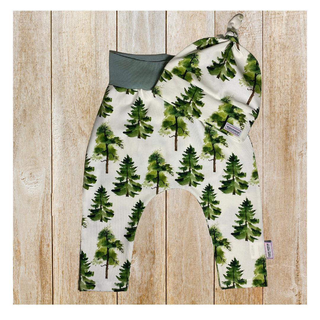 Forest Trees Cuffless Harem Pants & Matching Top Knot Hat Organic Cotton
