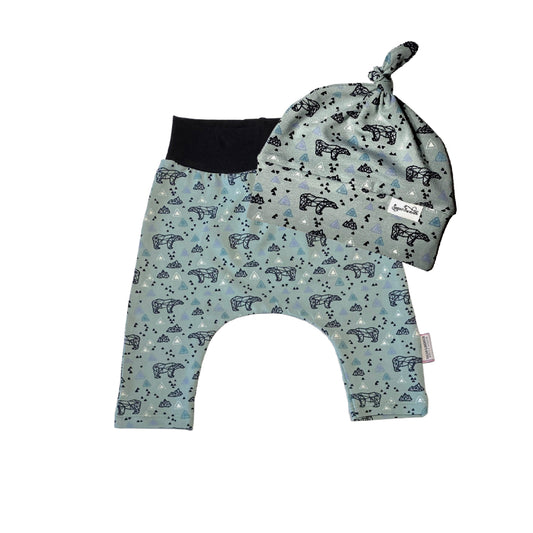 Sage Green Geometric Bear Set Harem Pants & Topknot Hat