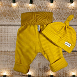 Mustard Yellow Waffle Knit Grow Along® Infant Lounge Pants with Top Knot Hat