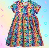 Rainbow Hearts Short Sleeve Play Gathered Dress Stretch Knit