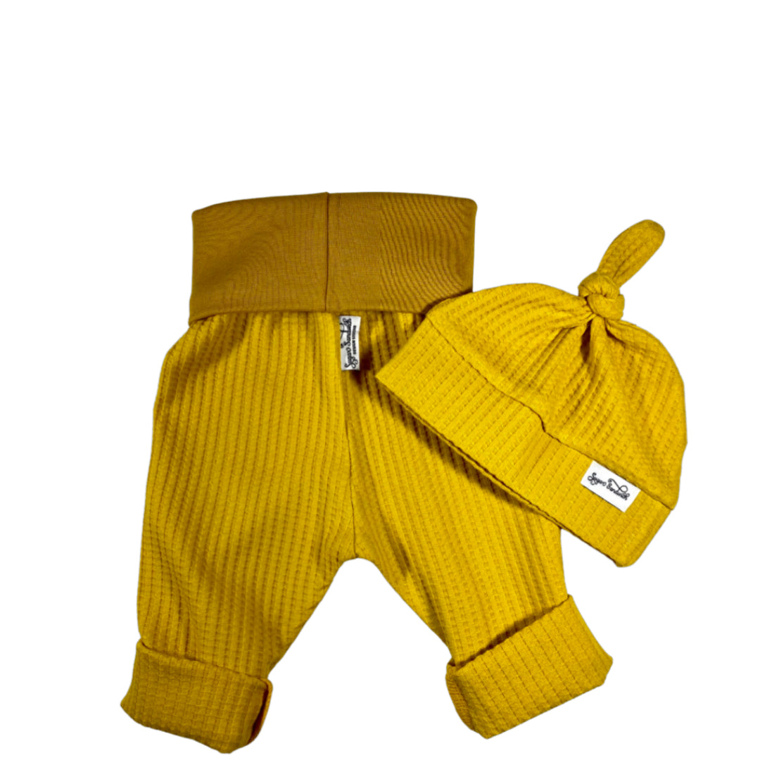 Mustard Yellow Waffle Knit Grow Along® Infant Lounge Pants with Top Knot Hat