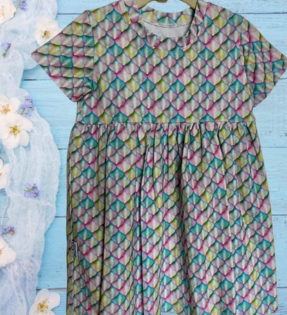 Robe de jeu à manches courtes et imprimé arc-en-ciel pastel, écailles de sirène, tricot extensible